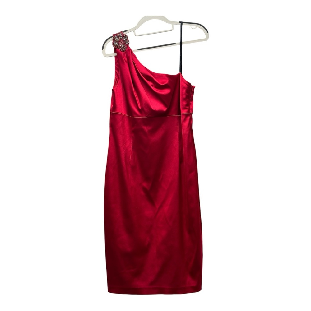 David Meister red satin one shoulder dress with embellishment